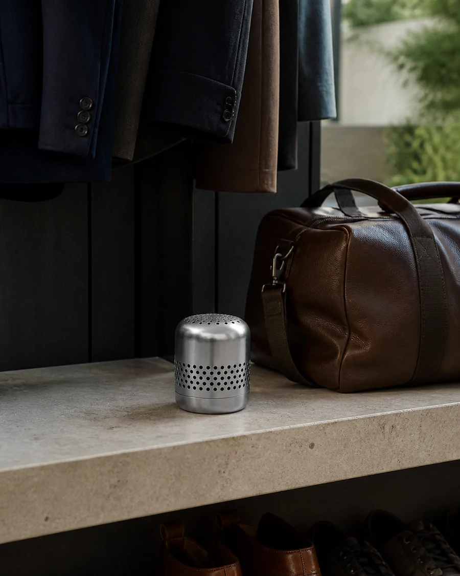 AirEvo beside an everyday travel bag in an entryway