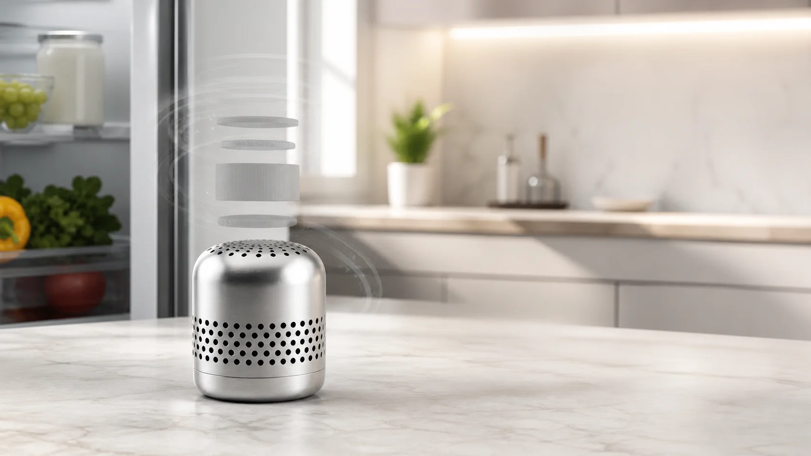 AirEvo displayed in a refined kitchen beside an open refrigerator