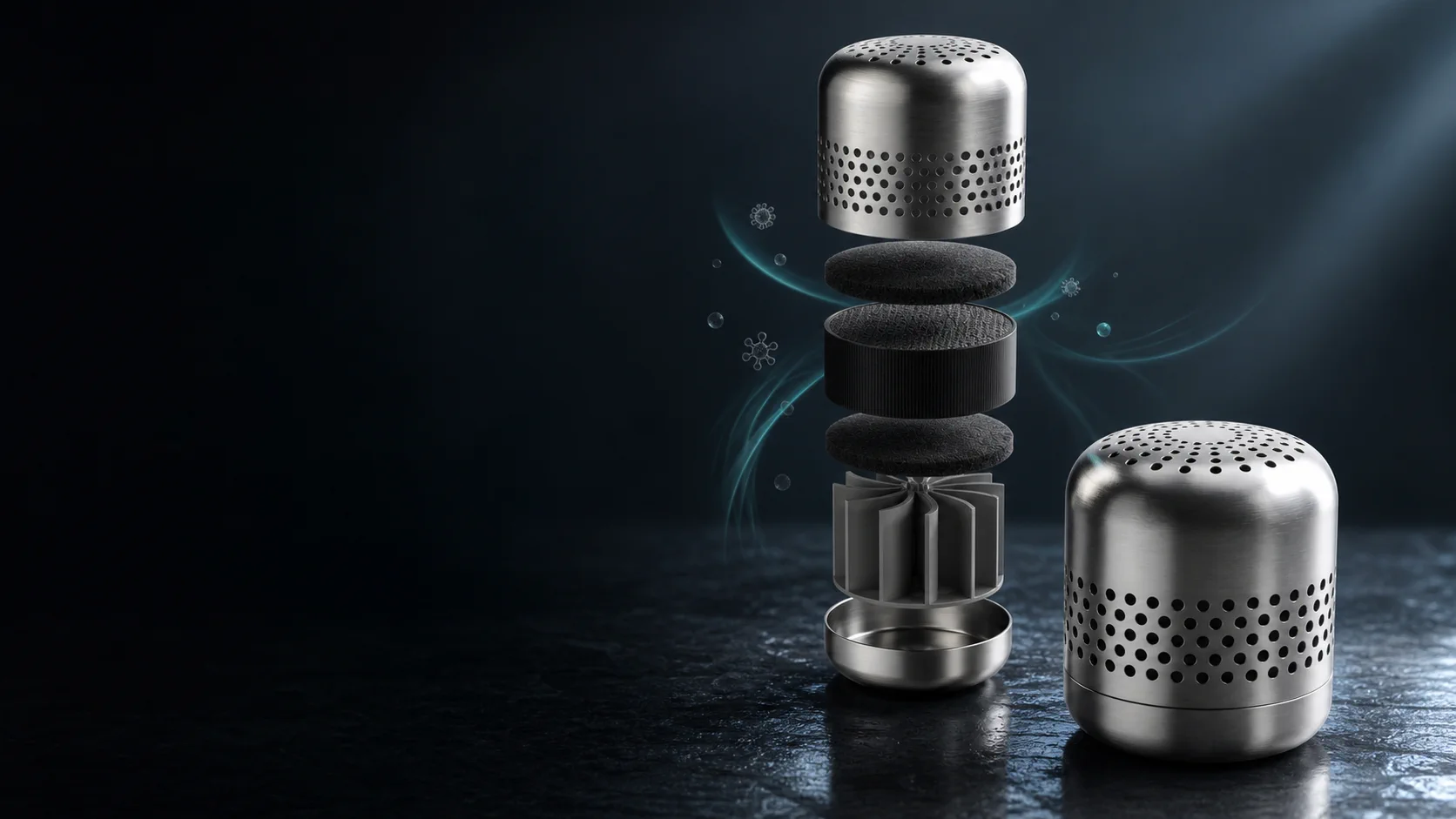 Exploded component view of the stainless-steel AirEvo odor-control system